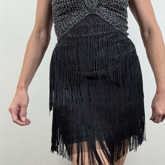 Unique Vintage Retro 1920s Fringe Beaded Mini Flapper Dress Black Silver Small - Picture 4 of 16